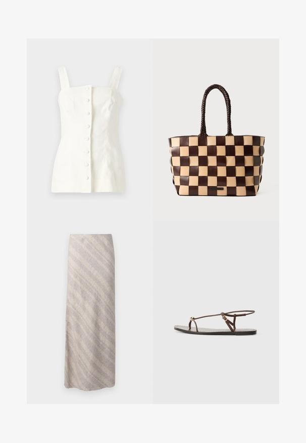 Biely ľanový top bez rukávov s priliehavým strihom, predným zapínaním na päť gombíkov a rovnými ramienkami.; Sukňa po kolená z jemného béžového materiálu s diagonálnymi svetlejšími pruhmi. Subtílna textúra, bezšvové spracovanie a voľný strih.; Hnedá kožená sandála s tenkými popruhmi, zlatým kruhovým akcentom a plochou podrážkou. Minimalistický dizajn s nastaviteľným detailom pracka.; Hnedá a béžová kožená tote taška s tkaným šachovnicovým vzorom a pletenými rúčkami na bielom pozadí.