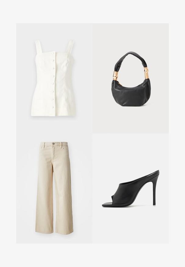 Fehér vászon ujjatlan felső, amely illeszkedő siluettel, elöl gombos záródással öt gombbal és egyenes pántokkal rendelkezik.; Beige, bőszárú farmernadrág, magas derekú, gombos záródással, övhurkokkal és oldalzsebekkel. Sima textúrájú és laza szabású.; GIABORGHINI KEIRA - T-pántos szandálok - black; Fekete bőr kézitáska kerek formával, puha textúrával és csomózott fogantyúval, aranyszínű fém díszítéssel. Cipzáras záródás.