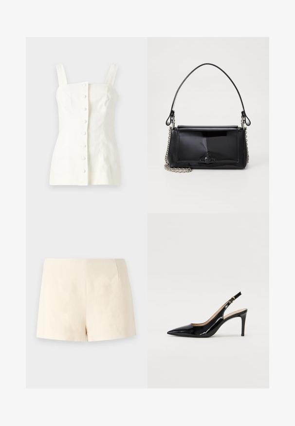 Balta lina bez piedurknēm topa forma ar pieguļošu siluetu, priekšpuses pogu aizdare ar piecām pogām un taisnām siksnām.; Bēšas piegriezuma šorti, kas izgatavoti no viegla auduma, ar gludu tekstūru, skaidrām līnijām un bez redzamām aizdares sistēmām vai kabatām.; Melnas lakotās ādas slingback kurpes ar izteiktu degunu, šauru papēdi un smalku izgriezumu dizainu. Siksniņai ir zelta sprādze.; Melnas lakotas ādas rokassomi ar taisnstūra formu, ķēdes siksnu un izteiksmīgu metāla aksesuāru centrā. Gluda tekstūra.