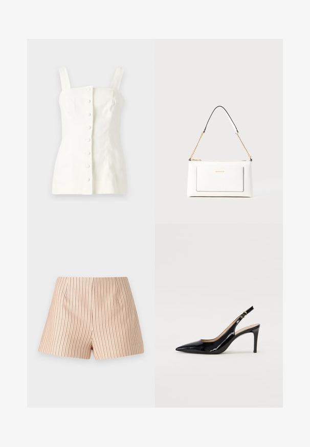 Bílý lněný top bez rukávů s přiléhavým střihem, předním zapínáním na pět knoflíků a rovnými ramínky.; Pruhované šortky ve světlé béžové látce s tenkými červenými vertikálními pruhy. Mají rovný přední díl s minimálními záhyby a rovný střih.; Černé lakované slingback lodičky s špičatou špičkou, úzkým podpatkem a jemným výřezem. Obsahují zlatou sponu na řemínku.; Bílá kožená kabelka s texturovaným povrchem, zdobená zlatým řetízkem a černými akcenty. Obsahuje přední kapsu a uzavírání na zip.