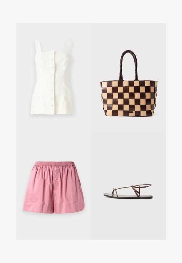 Bílý lněný top bez rukávů s přiléhavým střihem, předním zapínáním na pět knoflíků a rovnými ramínky.; Růžové pyžamové kraťasy z bavlny s elastickým pasem, dvěma předními knoflíky a volným střihem. Materiál je hladký s mírně pomačkanou texturou.; Hnědé kožené sandály s tenkými popruhy, zlatým obdélníkovým akcentem a plochou podrážkou. Minimalistický design s nastavitelným detailem přezky.; Hnědo-beige kožená taška přes rameno s tkaným vzorem ve tvaru šachovnice a copánkovými úchyty na bílém pozadí.