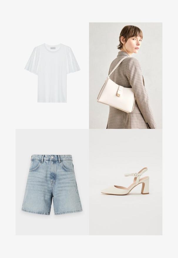 Bela majica s kratkimi razširjenimi rokavi, ki vsebuje vzorec broderie anglaise. Gladek material in klasičen ovratnik.; Svijetloplave traper gaćice s visokim strukom, dizajnom od pet džepova i sirovim rubom. Tkanina ima blago izbljeđeni izgled s vidljivim detaljima šivanja.; Čevlji s koničastim nosom v kremni barvi z blokastim peto. Imajo tanki trak okoli gležnja z okroglo sponko in gladko usnjeno teksturo.; Bela usnjena torba s strukturirano zasnovo, opremljena z magnetnim zapiranjem in naramnico, prikazana na nevtralni ozadju.