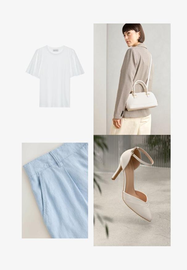 Bijela majica kratkih flared rukava s uzorkom broderie anglaise. Glatka tkanina i klasični okrugli izrez.; Svijetloplave lanene kratke hlače s naboranim dizajnom, imaju pojas i detalje šivanja. Glatka tekstura i ležeran stil.; Bijela visoka potpetica u glatkom materijalu s oštrim vrhom i remenom oko gležnja. Ima svijetlosmeđi unutrašnjost i akcentu u zlatnoj boji.; Bijela strukturna torba s kratkim ručkama i remenom za rame, s zlatnim metalnim detaljima i teksturiranim materijalom, prikazana na sivoj pozadini.
