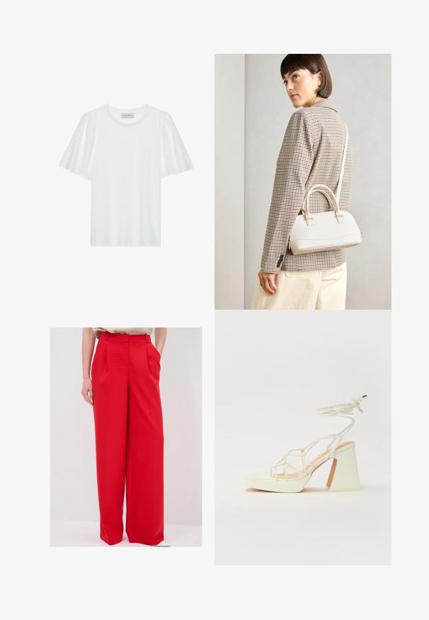 Camiseta blanca con mangas cortas acampanadas que presenta un patrón de broderie anglaise. Tejido suave y escote clásico en forma de cuello redondo.; Pantalones amplios rojos de talle alto, con pliegues marcados y bolsillos laterales, confeccionados en una tela suave. El dobladillo queda por encima de los zapatos.; Sandalia de tacón alto blanca con un tacón grueso, que presenta un diseño de tiras y un lazo en el tobillo. Textura suave con una plataforma en la parte delantera para mayor altura.; Bolso estructurado blanco con asas cortas y una correa para el hombro, que presenta detalles en dorado y material texturizado, exhibido sobre un fondo gris.