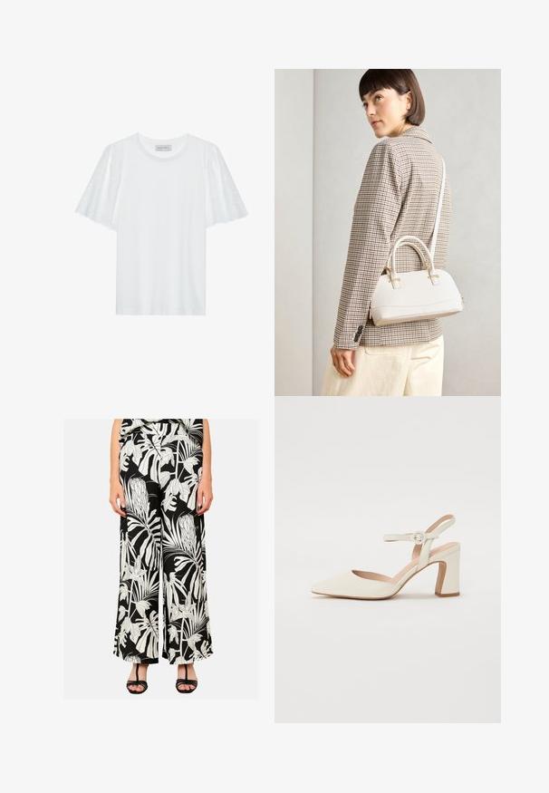 Balta marškinėliai su trumpomis plačiomis rankovėmis, puošti broderie anglaise raštu. Lygus audinys ir klasikinis apvalus iškirpimas.; LolaLiza WIDE WITH TROPICAL PRINT - Kelnės - black; Kreminės spalvos klasikės su smailiu bato pirštu ir storu kulnu. Apyrankė plona, su apvaliu užsegimu, o oda lygi.; Balta struktūruota rankinė su trumpomis rankenomis ir peties diržu, su auksinėmis detalėmis ir tekstūruota medžiaga, pastatyta prieš pilką foną.