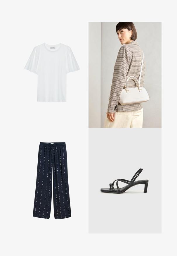 Balts T-krekls ar īsām kuplām piedurknēm, kas rotāts ar broderie anglaise rakstu. Gluda auduma un klasiskā apaļā dekoltē.; Jūras spēku plaša kāju bikses ar auklu jostasvietā, ar gludu tekstūru un baltu punktiņu rakstu, kas sakārtots vertikāli.; Melnas strappy sandales ar kvadrātveida purngaliem un zemu bloku papēdi. Ievērojamas ar vairākiem plāniem siksniņām un regulējamu potītes siksniņu. Izgatavotas no gludas ādas.; Balta strukturēta roku soma ar īsām rokturiem un plecu siksnu, ar zelta aparatūras akcentiem un strukturētu materiālu, izstādīta uz pelēka fona.