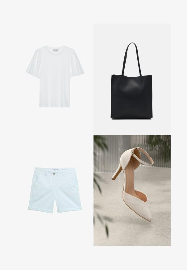 Hvid t-shirt med korte flared ærmer med et broderie anglaise mønster. Glat stof og klassisk rund udskæring.; Lyseblå chino-shorts med omslagssøm, der har to sidelommer og en frontknaplukning. Fremstillet af åndbart materiale.; Hvid højhælet sko i glat materiale med spids tå og ankelrem. Har et lyst tan interiør og hardware i guldtonet accent.; Sort læder tote taske med glat tekstur, rektangulær form og to lange hanke. Ingen synlig hardware eller udsmykninger.