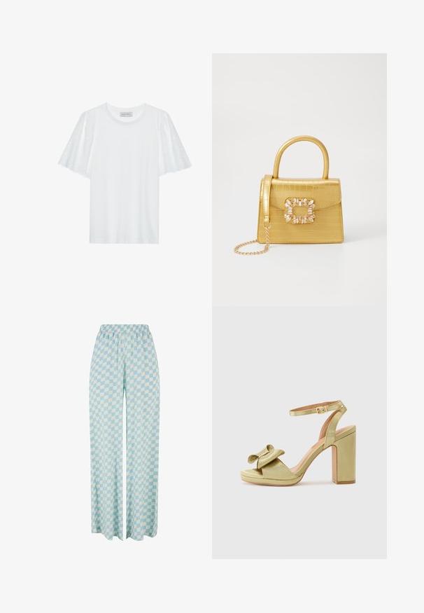 Weißes T-Shirt mit kurzen, ausgestellten Ärmeln, das ein Broderie-Anglaise-Muster zeigt. Glattes Material und klassischer Rundhalsausschnitt.; Hellblaue weit geschnittene Hosen mit einem karrierten Muster in alternierenden Farbtönen und einem elastischen Bund für zusätzlichen Komfort.; Grüne Satin-High-Heel-Sandale mit einer Schleifendetail am oberen Riemen, verstellbarem Knöchelriemen und einem klobigen, quadratischen Absatz.; Gelbe Kunstleder-Handtasche im Krokodil-Look mit strukturiertem Design, Obergriff, abnehmbarem Kettenriemen und dekorativer Kristallverzierung am Verschluss.