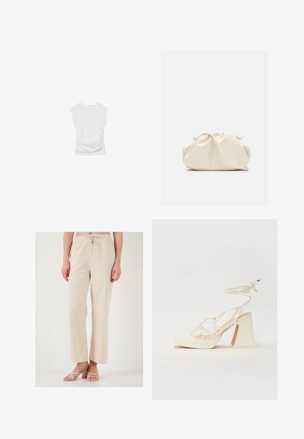 Top bianco a maniche corte con scollo rotondo. Caratterizzato da una texture arricciata lungo i lati e una silhouette aderente, realizzato in materiale morbido e elasticizzato.; Pantaloni beige a vestibilità comoda con vita elastica e cordoncino. Tessuto morbido; design a gamba larga. Abbinati a sandali chiari con cinturini.; Sandalo bianco con tacco alto, caratterizzato da un design a cinturini e un legaccio alla caviglia. Texture liscia con una piattaforma frontale per un'altezza aggiuntiva.; Borsa in ecopelle color crema, morbida, con design arricciato, tracolla regolabile e chiusura a coulisse discreta. Texture liscia e forma arrotondata.