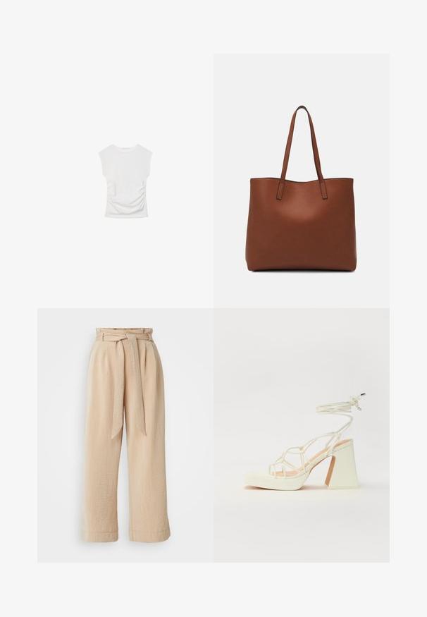 Haut blanc à manches courtes avec un col rond. Doté d'une texture froncée sur les côtés et d'une silhouette ajustée, fabriqué à partir d'un matériau doux et extensible.; Pantalons beige à jambe large avec une taille ceinturée, fabriqués en tissu texturé. Présente un pli avant et une finition lisse le long de l'ourlet.; Sandale blanche à talons hauts avec un talon épais, présentant un design à lanières et un lien autour de la cheville. Texture lisse avec une plateforme à l'avant pour une hauteur supplémentaire.; Sac fourre-tout en cuir marron avec une texture lisse, design à ouverture supérieure et deux poignées pour le porter à l'épaule. Présente des coutures minimales et aucun matériel visible.