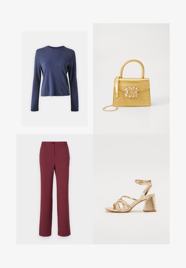 Camisa de manga longa azul-marinho feita de um tecido suave, com decote redondo, corte descontraído e detalhes de costura subtis ao longo das costuras.; Calças bordeaux com riscas verticais, corte reto, fecho por botão e passantes para cinto. Tecido suave com linhas verticais para um detalhe adicional.; Sandálias de salto alto metálico dourado com design em tiras, salto quadrado e tira no tornozelo ajustável com fivela. Textura suave.; Bolsa amarela em pele de crocodilo falsa, com um design estruturado, pega no topo, alça de corrente removível e decoração de cristal no fecho.