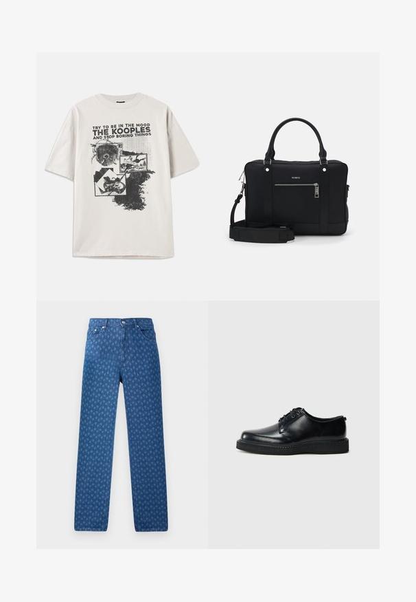 Korte mouwen crème t-shirt met een grote zwarte grafische afdruk met tekst en afbeeldingen, ronde hals en een ontspannen pasvorm. Ruw afgewerkte zoom.; Blauwe spijkerbroek met een herhalend textuurpatroon, vijf zakken en een knoopsluiting in de tailleband. Rechte pijp.; Zwarte leren veterschoenen met een ronde neus, een gladde afwerking en een getextureerde zwarte rubberen zool. Minimalistisch ontwerp zonder zichtbare patronen.; Zwarte synthetische totebag met twee handvatten, een afneembare schouderriem, een voorvak met rits en zilverkleurige hardware accenten.