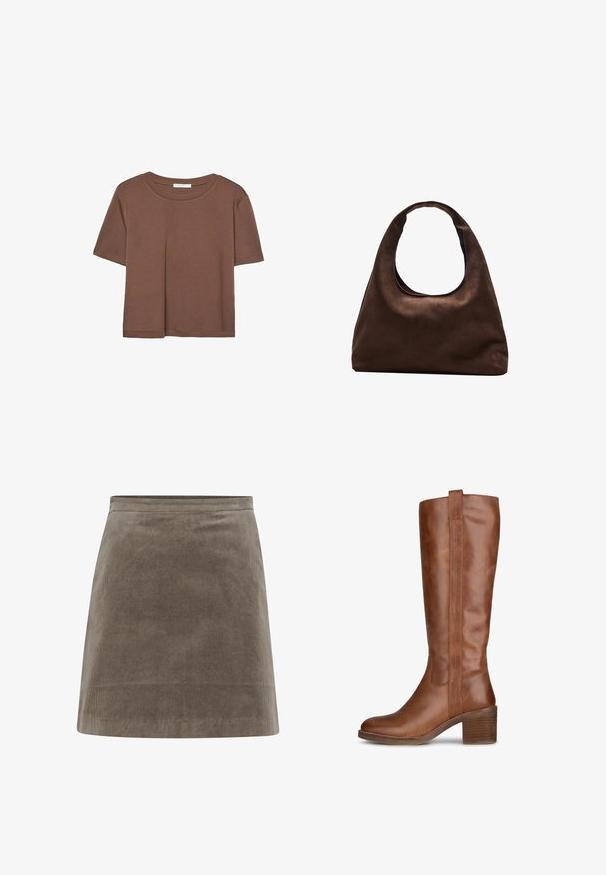 Maglietta a maniche corte marrone realizzata in tessuto morbido, con scollatura rotonda e vestibilità rilassata. Nessun motivo o dettaglio visibile.; Gonna mini in corduroy khaki con una forma dritta, texture liscia e una vita semplice, caratterizzata da linee verticali a coste.; Stivale marrone in pelle alto al ginocchio con punta arrotondata, tacco impilato e dettagli di cucitura lungo i lati. Texture liscia con un design verticale.; Borsa hobo di un morbido marrone con una sola tracolla larga e un'apertura a manico curvo, esposta su uno sfondo bianco.