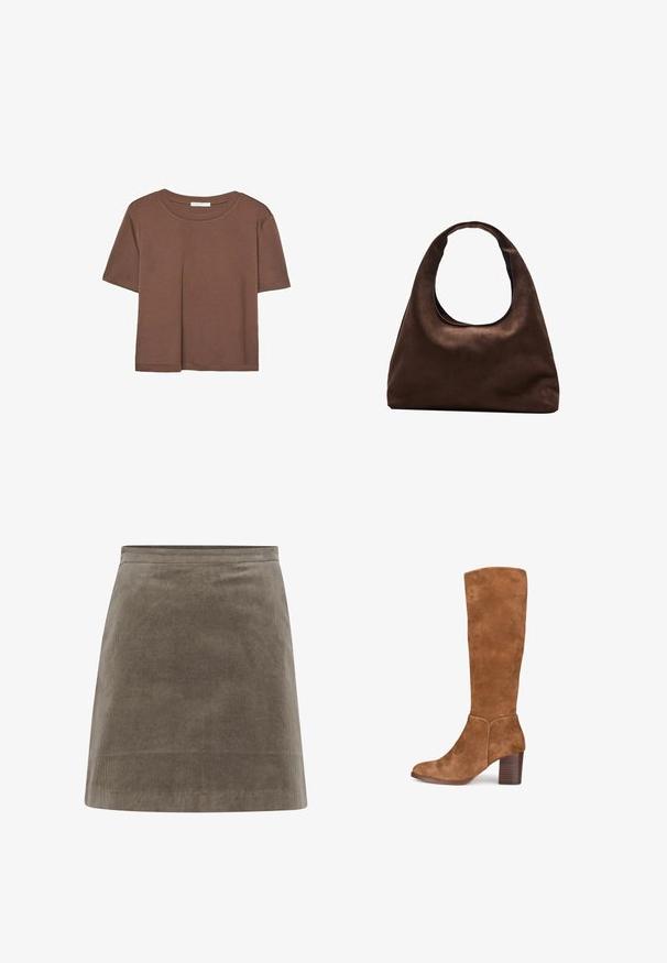 T-shirt marron à manches courtes en tissu doux, avec un col rond et une coupe décontractée. Aucun motif ni accent visible.; Jupe mini en velours côtelé kaki avec une forme droite, une texture lisse et une taille simple, présentant des lignes côtelées verticales sur toute sa surface.; Botte en daim marron à hauteur de genou avec un talon carré. Texture lisse, design épuré et détail de surpiqûre sur les côtés.; Sac à main en toile marron doux de style hobo avec une large sangle unique et une ouverture en haut arrondie, présenté sur un fond blanc.