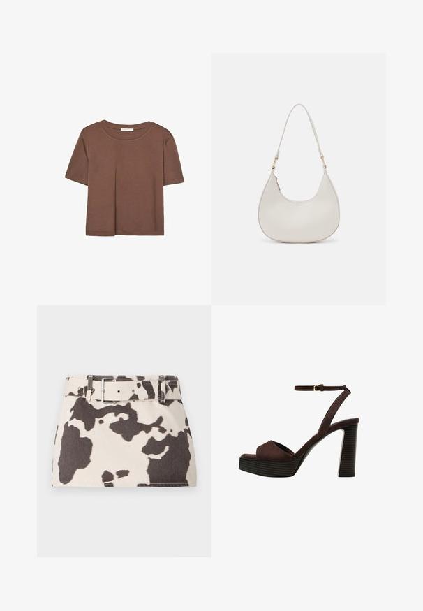 Smeđi kratki rukav majica od mekog materijala, s okruglim izrezom i opuštenim krojem. Nema vidljivih uzoraka ili naglasaka.; Denim mini suknja s uzorkom kravljeg krzna s pojasom. Ima kontrastne tamnosmeđe oblike na svijetloj pozadini. Teksturirani materijal s čvrstim šavovima.; Smeđe zamšaste sandale s visokim potpeticama, otvorenim prstima, podesivom trakicom oko gležnja i prugastom platformom.; Krem torba za rame u obliku polumjeseca, sa tankim remenom i suptilnim detaljem šavova. Minimalistički dizajn s akcentima od zlatnog tona.