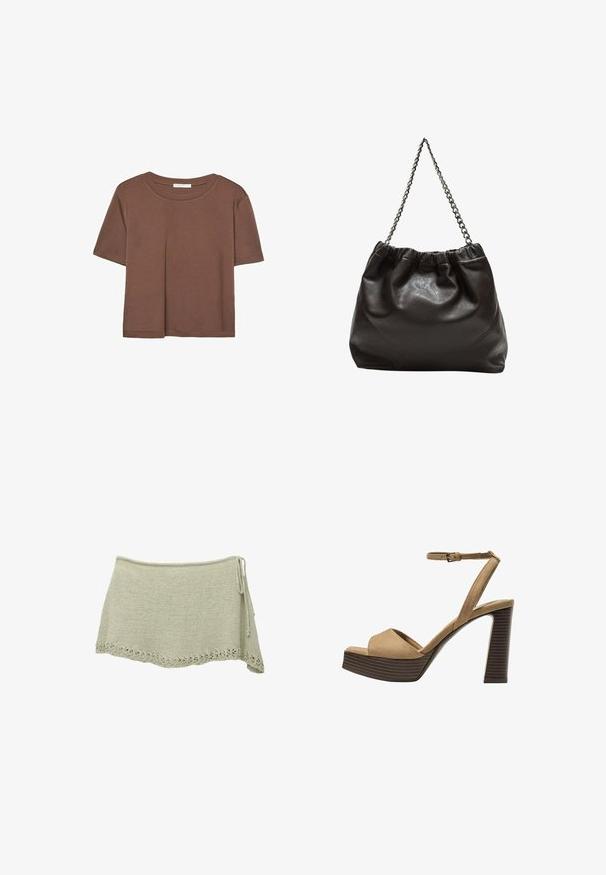 Brown short-sleeve t-shirt made of soft fabric, with a round neckline and relaxed fit. No visible patterns or accents.; Knit skirt in light green with a scalloped lace hem, adjustable tie at the side, and a textured fabric.; Beige suede high-heeled sandals with a wide front strap and ankle strap, featuring a chunky wooden block heel with a textured finish.; Brown leather bag with a gathered top and a chain strap. Smooth texture with a glossy finish and subtle seam detailing on the sides.