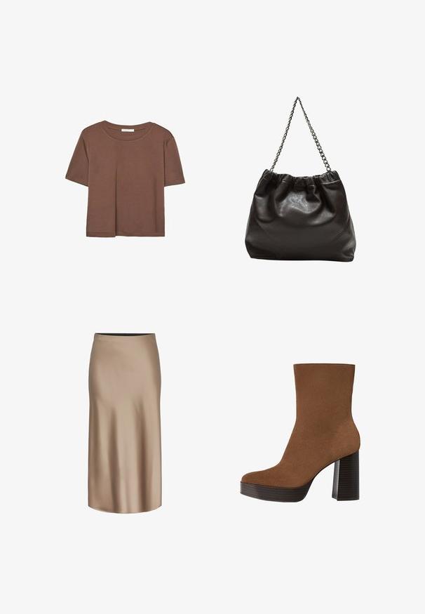 Maglietta a maniche corte marrone realizzata in tessuto morbido, con scollatura rotonda e vestibilità rilassata. Nessun motivo o dettaglio visibile.; Gonna midi in satin marrone con una texture liscia, una silhouette dritta e una vita elastica per il comfort. Nessun motivo o accentuazione visibile.; Stivale alla caviglia in suede marrone con punta arrotondata, tacco spesso a strisce nere e superficie liscia. Caratterizzato da un design aderente senza hardware visibile.; Borsa in pelle marrone con parte superiore arricciata e tracolla a catena. Texture liscia con finitura lucida e dettagli di cucitura sottili sui lati.