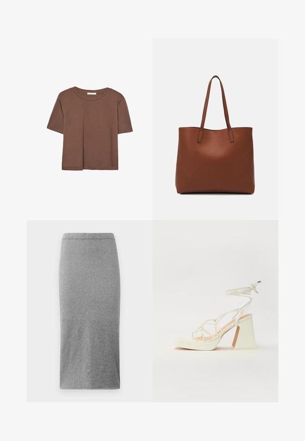 T-shirt marron à manches courtes en tissu doux, avec un col rond et une coupe décontractée. Aucun motif ni accent visible.; Jupe grise, longueur genou, fabriquée en tissu doux et extensible. Présente un design simple et près du corps avec une taille élastique et une texture lisse.; Sandale blanche à talons hauts avec un talon épais, présentant un design à lanières et un lien autour de la cheville. Texture lisse avec une plateforme à l'avant pour une hauteur supplémentaire.; Sac fourre-tout en cuir marron avec une texture lisse, design à ouverture supérieure et deux poignées pour le porter à l'épaule. Présente des coutures minimales et aucun matériel visible.