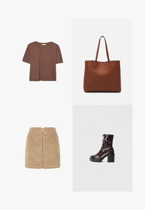 Hnědé tričko s krátkým rukávem vyrobené z měkké látky, s kulatým výstřihem a volným střihem. Bez viditelných vzorů nebo dekorací.; Kratká sukně z kordu v béžové barvě, s vertikálně ribbovanou texturou, vysokým pasem a předním zipem. Jednoduchý design s čistými liniemi.; Lesklá bordó kotníková bota s masivním černým podpatkem, se hladkým povrchem a jednoduchým designem. Žádné viditelné zapínání ani vzory.; Hnědá kožená taška přes rameno s hladkou texturou, otevřeným designem a dvěma ramenními popruhy. Obsahuje minimální švy a žádné viditelné kovové prvky.