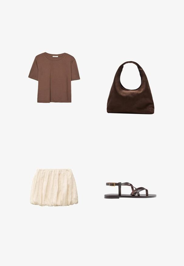 T-shirt marron à manches courtes en tissu doux, avec un col rond et une coupe décontractée. Aucun motif ni accent visible.; Jupe courte ivoire en tissu léger et texturé avec un design froncé et une taille élastique. Décontractée et polyvalente pour diverses tenues.; Sandale en cuir marron avec des brides entrecroisées, une fermeture à boucle à la cheville et une semelle plate avec des détails de couture minimaux.; Sac à main en toile marron doux de style hobo avec une large sangle unique et une ouverture en haut arrondie, présenté sur un fond blanc.