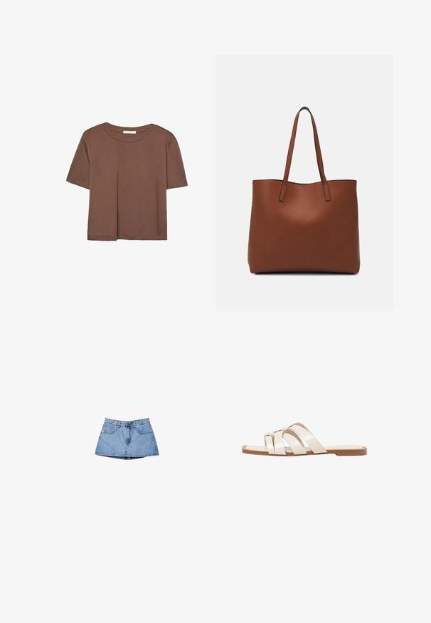 Hnědé tričko s krátkým rukávem vyrobené z měkké látky, s kulatým výstřihem a volným střihem. Bez viditelných vzorů nebo dekorací.; Džínová sukně ve světle modré barvě, s vysokým pasem, předními kapsami a mírně rozšířeným lemem. Hladká textura s minimem prošití.; Ploché sandály s hnědou gumovou podrážkou, navržené se třemi překrývajícími se bílými koženými řemínky a malým mašlí uprostřed.; Hnědá kožená taška přes rameno s hladkou texturou, otevřeným designem a dvěma ramenními popruhy. Obsahuje minimální švy a žádné viditelné kovové prvky.