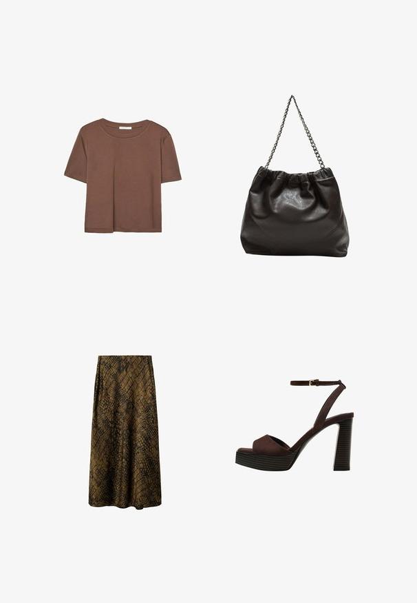 Brun kortærmet t-shirt lavet af blødt stof, med rund halsudskæring og afslappet pasform. Ingen synlige mønstre eller detaljer.; Brun midi nederdel med et sort tekstureret reptilmønster, glat stof, vide snit og en høj talje for en komfortabel pasform.; Brune ruskinds højhælede sandal med åben tå, justerbar ankelrem og en stribet plade sål.; Brun lædertaske med en rynket top og en kædestrop. Glat tekstur med en blank finish og subtile sømdetaljer på siderne.