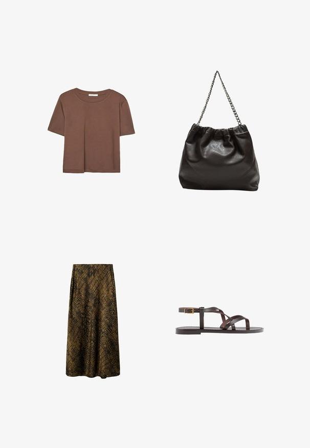 Rjava kratka majica s kratkimi rokavi iz mehkega materiala, s krožnim izrezom in ohlapnim krojem. Brez vidnih vzorcev ali dodatkov.; Rjava midi krila z črnimi teksturiranimi vzorci, gladka tkanina, razširjen kroj in visok pas za udobno prileganje.; Rjav usnjen sandal z načinom prečnega črta, zaklepom okoli gležnja in ravnim podplatom z minimalnimi šivi.; Rjava usnjena torba z nabranim vrhom in verižnim trakom. Gladka tekstura z sijajno površino in subtilnimi šivi na straneh.