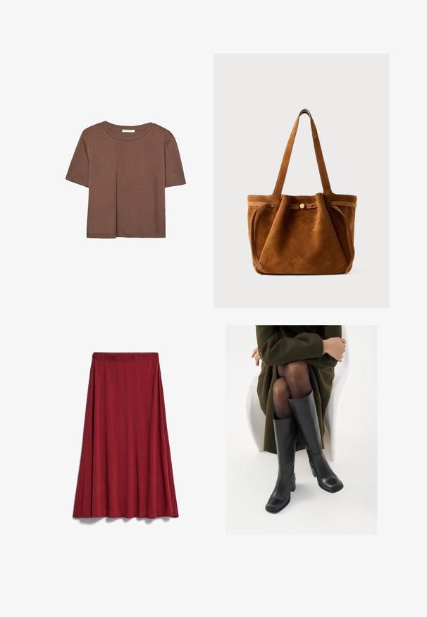 T-shirt marron à manches courtes en tissu doux, avec un col rond et une coupe décontractée. Aucun motif ni accent visible.; ARMEDANGELS ILENIAA LARAA - Jupe trapèze - dark crimson; Bottes en cuir noires arrivant au genou, avec un bout carré et un talon carré, présentées sur un modèle assis dans un manteau vert olive. Texture lisse, détails minimaux.; Sac fourre-tout en suede marron avec doubles poignées, un strap de fermeture à bouton et une forme décontractée, légèrement affaissée.
