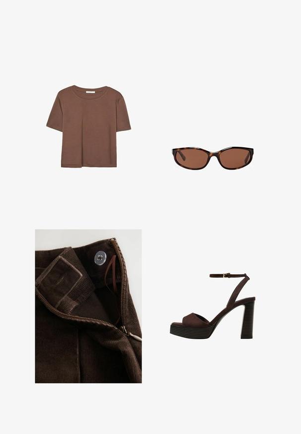 Brown short-sleeve t-shirt made of soft fabric, with a round neckline and relaxed fit. No visible patterns or accents.; Brown corduroy fabric with a smooth texture, featuring a zipper, button closure, and an interior tab for secure fastening.; Brown suede high-heeled sandal with an open toe, adjustable ankle strap, and a striped platform sole.; Tortoiseshell sunglasses with brown lenses, sleek oval shape, and glossy finish. Features subtle silver accents on the frames.; Woven brown handbag with a rectangular shape, structured handle, and textured surface. Features a closed top and intricate weaving pattern.