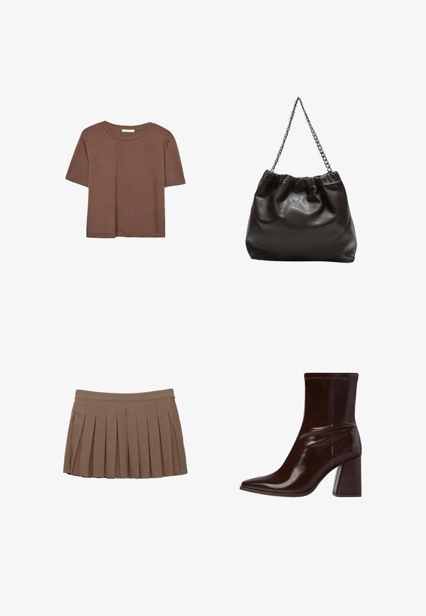 Smeđi kratki rukav majica od mekog materijala, s okruglim izrezom i opuštenim krojem. Nema vidljivih uzoraka ili naglasaka.; Smeđa mini suknja s plisee nabranim detaljima, s pojasom i diskretnim logotipom s bočne strane na bijeloj pozadini.; Smeđe lakirane čizme do gležnja s izduženim vrhom, elastičnim gležnjem i debelim blok-petama. Elegantni dizajn s glatkom teksturom.; Smeđa kožna torba s naboranim vrhom i lančićem za nošenje. Glatka tekstura s sjajnim završetkom i suptilnim šavnim detaljima sa strane.