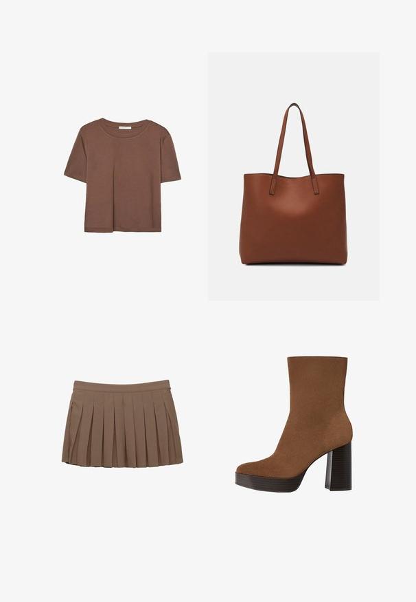 Brązowa koszulka z krótkim rękawem, wykonana z miękkiego materiału, z okrągłym dekoltem i luźnym krojem. Brak widocznych wzorów lub akcentów.; Brąskowa, plisowana mini spódnica z paskiem w talii i subtelnym logo po bokach na białym tle.; Brązowe zamszowe botki sięgające kostki z zaokrąglonym noskiem, masywnym czarnym paskiem na obcasie i gładką powierzchnią. Charakteryzują się dopasowanym krojem bez widocznych elementów metalowych.; Brązowa skórzana torba tote o gładkiej fakturze, z otwartym wierzchem i dwoma ramiączkami. Charakteryzuje się minimalnym przeszyciem i brakiem widocznych elementów metalowych.