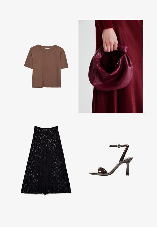 Rjava kratka majica s kratkimi rokavi iz mehkega materiala, s krožnim izrezom in ohlapnim krojem. Brez vidnih vzorcev ali dodatkov.; Črna čipkasta krilo s flared silhueto, ki ima teksturiran vzorec in gladek pas, do kolen z podloženo notranjostjo.; Rjave visokosprti sandali iz pateniranega usnja z zaponko okoli gležnja, odprto konico in eleganten, minimalističen dizajn. Imajo kvadratno peto.; Bordo usnjeni ročni torbici s mehak, nabrana zasnova in okrogla oblika. Ročaj je varen in prikazuje gladko teksturo.