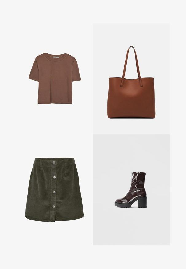 Hnedé tričko s krátkym rukávom vyrobené z jemného materiálu, s okrúhlym výstrihom a voľným strihom. Žiadne viditeľné vzory ani akcenty.; Mini sukňa z kordu v tmavozelenej farbe s A-líniou, ozdobená piatimi striebornými gombíkmi na zapínanie vpredu a vertikálnou ryhovanou textúrou.; Lesklé burgundské kotníkové boty s robustním černým podpatkem, s hladkou strukturou a jednoduchým designem. Bez viditelných zapínání nebo vzorů.; Hnedá kožená taška na rameno s hladkou textúrou, otvoreným vrchom a dvoma ramenými popruhmi. Má minimálne šitia a žiadne viditeľné kovania.