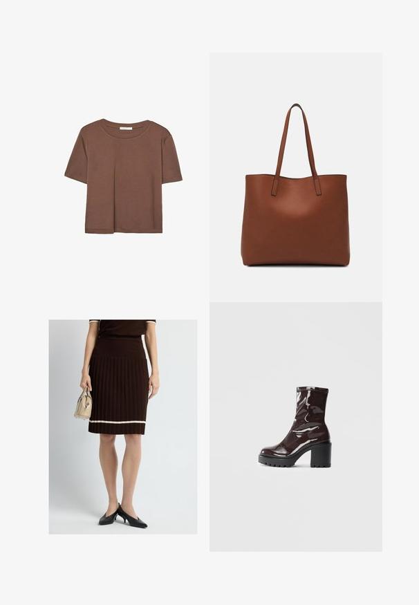 Kahvinsävyinen lyhythihainen t-paita, joka on valmistettu pehmeästä kankaasta. Pyöreä pääntie ja rento malli. Ei näkyviä kuvioita tai koristeita.; Ruskea neulottu laskostettu hame, jossa valkoinen vaakaraita helman kohdalla, yhdistetty mustiin korkokenkiin ja pieni beige käsilaukku kädessä.; Satea bordeaux berwarna mengkilap dengan tumit hitam tebal, menampilkan tekstur halus dan desain sederhana. Tanpa pengikat atau pola yang terlihat.; Ruskea nahkainen olkalaukku, jossa on sileä pinta, avoin yläosa ja kaksi olkahihnaa. Omaavat vain minimaalisen ompelun eikä näkyvää metalliosaa.