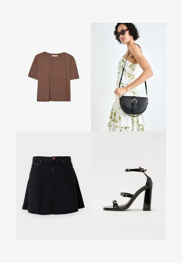 Kahvinsävyinen lyhythihainen t-paita, joka on valmistettu pehmeästä kankaasta. Pyöreä pääntie ja rento malli. Ei näkyviä kuvioita tai koristeita.; Musta farkkuhame, jossa on levenevä muotoilu, etutaskut ja vaaleanpunaiset metalliosat vyötäröllä sekä taskujen reunoilla.; Musta kiiltävä korkokenkä sandaalit neliönmuotoisella varpaalla, nilkkaremmillä ja hopeisilla soljilla. Varustettu tukevalla lohkokorkealla vakauden takaamiseksi.; Musta nahkainen käsilaukku, joka on kaareva muotoilultaan, irrotettavalla hihnalla ja kultaisilla yksityiskohdilla. Laukussa on läppä, jossa on solk yksityiskohta.