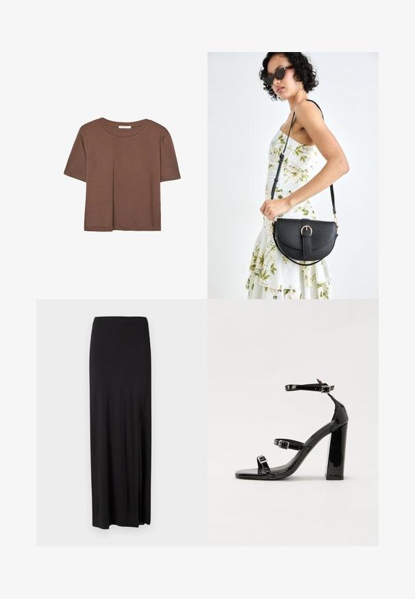 Smeđi kratki rukav majica od mekog materijala, s okruglim izrezom i opuštenim krojem. Nema vidljivih uzoraka ili naglasaka.; Crna maksi suknja od mekog, rastezljivog materijala. Ima bočni prorez i jednostavan, elegantan dizajn bez ukrasa.; Crne lakirane sandale na visoku petu s dva remena s kopčama, kvadratnim vrhom i masivnom blok petom, s glatkom, sjajnom teksturom.; Crna kožna torba s lukovitim oblikom, odvojivim remenom i zlatnim detaljima. Torba ima preklop s kopčom.