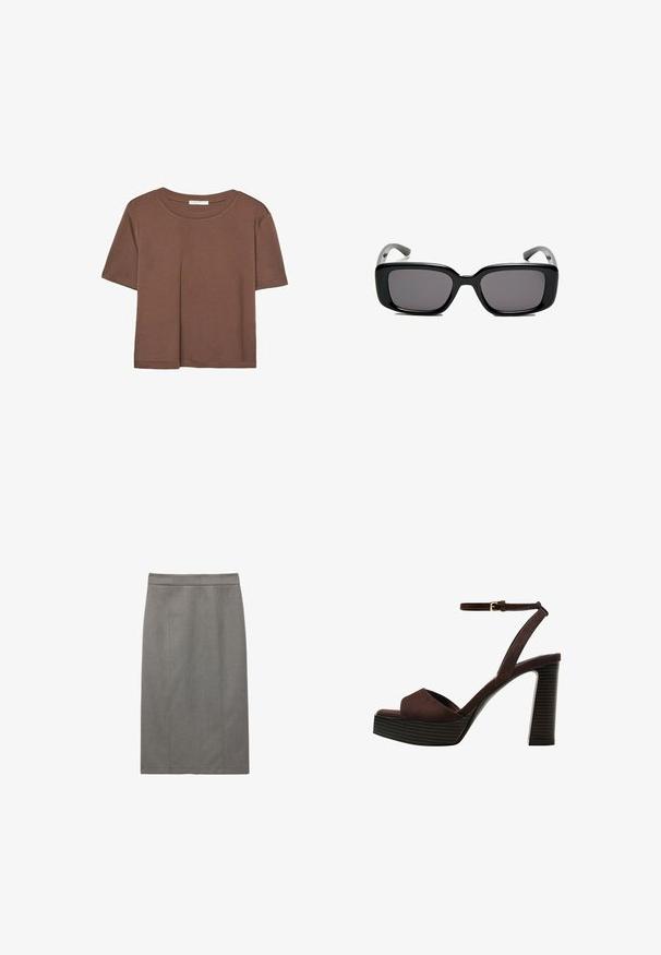 Brun kortærmet t-shirt lavet af blødt stof, med rund halsudskæring og afslappet pasform. Ingen synlige mønstre eller detaljer.; Grå blyantnederdel med en lige silhuet, tilpassede sømme og en glat tekstur. Designet inkluderer en høj talje for en sikker pasform.; Brune ruskinds højhælede sandal med åben tå, justerbar ankelrem og en stribet plade sål.; Sorte rektangulære solbriller med mørke linser, glat plastikramme og buede stænger. Designet er klodset med en minimalistisk æstetik.