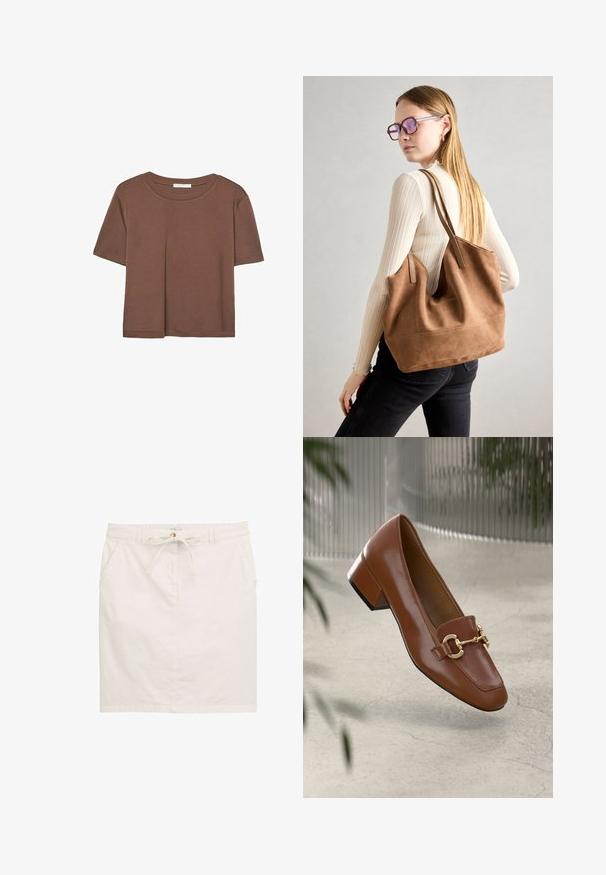 Hnedé tričko s krátkym rukávom vyrobené z jemného materiálu, s okrúhlym výstrihom a voľným strihom. Žiadne viditeľné vzory ani akcenty.; Biela bavlnená sukňa s pásom na sťahovanie, dvoma bočnými vreckami a rovný strih. Jemná textúra s hladkým povrchom.; Hnedé lakované kožené loafers s hranatou špičkou, kovovým reťazovým akcentom a nízkym blokovým podpätkom; hladká textúra, minimalistický dizajn.; Hnedá semišová taška na rameno s mäkkou textúrou, veľkým otvorom a dlhými popruhmi. Má jednoduchý dizajn s viditeľným šitím a bez kovových prvkov.
