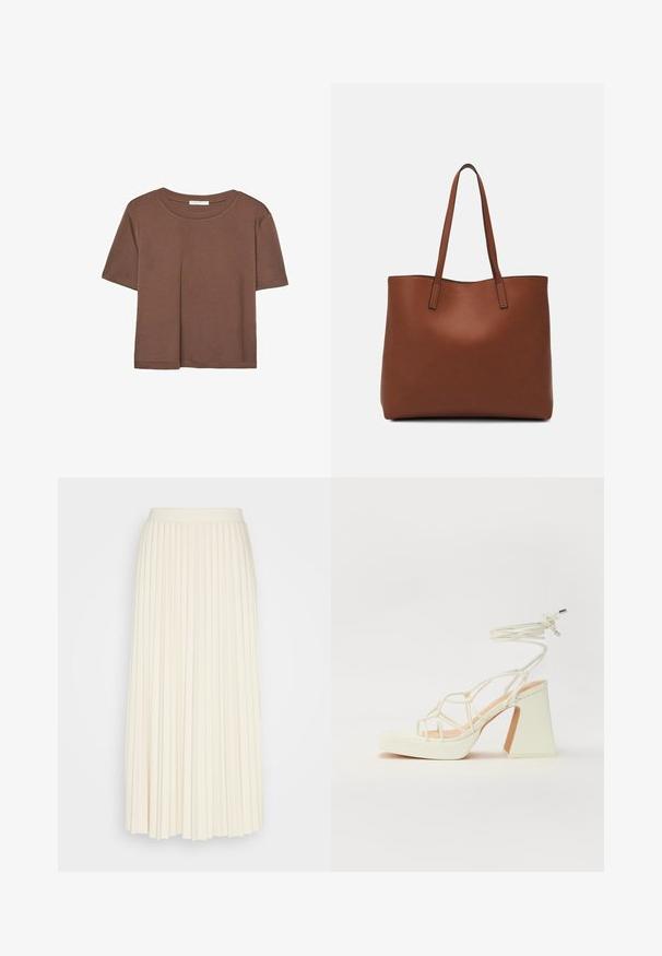 Rjava kratka majica s kratkimi rokavi iz mehkega materiala, s krožnim izrezom in ohlapnim krojem. Brez vidnih vzorcev ali dodatkov.; ONLY ONLNEWMELISA - Plisirano krilo - sandshell; Bela sandala na visokih petah s debelim petam, ki ima obliko trakcev in vezanje okoli gležnja. Gladka tekstura z platformo spredaj za dodatno višino.; Rjava usnjena torba z gladko teksturo, odprto zasnovo zgoraj in dvema naramnima trakovoma. Opremljena je z minimalnim šivanjem in brez vidnih kovinskih delov.