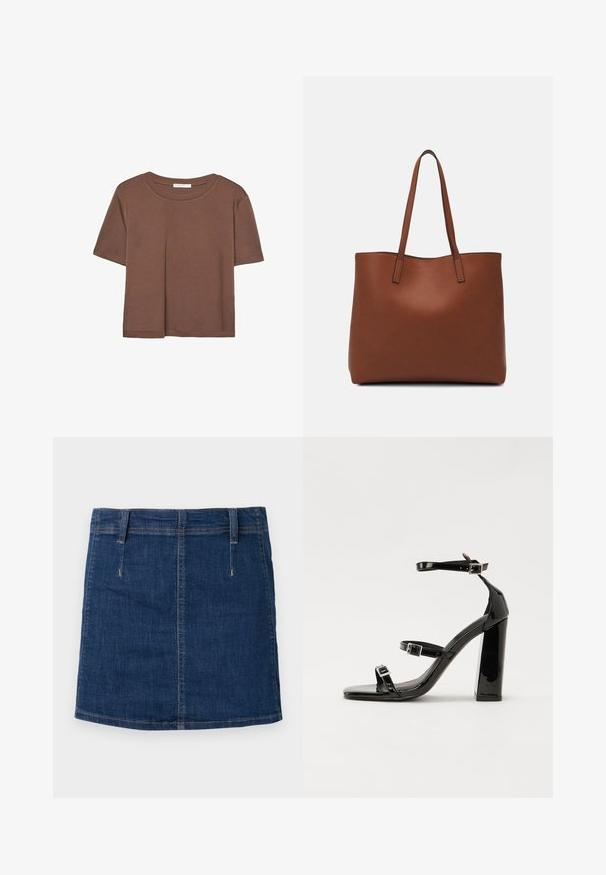Maglietta a maniche corte marrone realizzata in tessuto morbido, con scollatura rotonda e vestibilità rilassata. Nessun motivo o dettaglio visibile.; Gonna in denim blu scuro con un design aderente, tasche frontali e dettagli di cucitura in evidenza. Presenta un orlo dritto e passanti per cintura.; Sandali con tacco in vernice nera, con punta squadrata, cinturini alla caviglia e fibbie in argento. Presentano un tacco a blocco spesso per maggiore stabilità.; Borsa tote in pelle marrone con texture liscia, design con apertura superiore e due spallacci. Presenta cuciture minime e nessun hardware visibile.