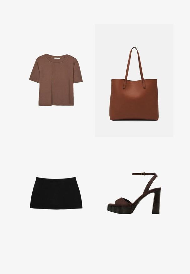 Maglietta a maniche corte marrone realizzata in tessuto morbido, con scollatura rotonda e vestibilità rilassata. Nessun motivo o dettaglio visibile.; Gonna corta nera in cotone con un cinturino aderente. Texture liscia, design semplice e orlo dritto. Nessun motivo aggiuntivo o hardware visibile.; Sandal in camoscio marrone con tacco alto, punta aperta, cinturino alla caviglia regolabile e suola a piattaforma striata.; Borsa tote in pelle marrone con texture liscia, design con apertura superiore e due spallacci. Presenta cuciture minime e nessun hardware visibile.