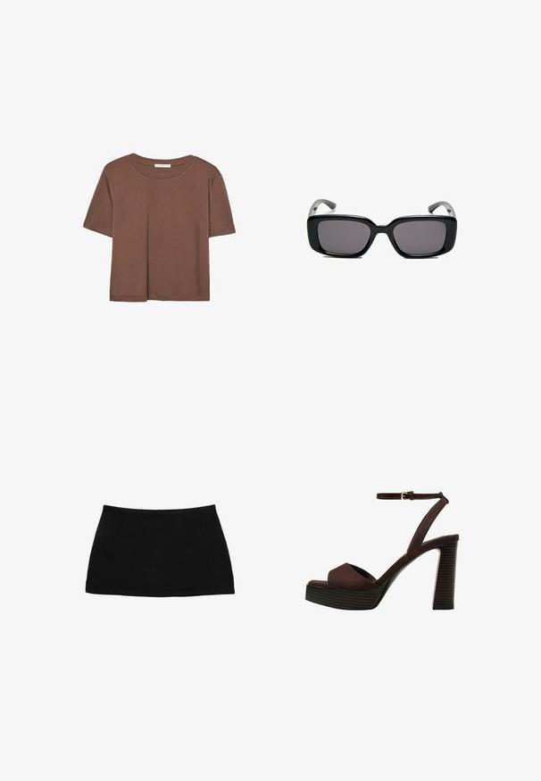 Korte mouwen T-shirt in bruin, gemaakt van een zachte stof, met een ronde halslijn en een relaxte pasvorm. Geen zichtbare patronen of accenten.; Zwarte katoenen minirok met een nauwsluitende tailleband. Vlotte textuur, eenvoudig ontwerp en rechte zoom. Geen extra patronen of zichtbare hardware.; Bruine suède high-heeled sandaal met een open teen, verstelbare enkelband en een gestreepte plateauzool.; Zwarte rechthoekige zonnebril met donkere lenzen, een gladde kunststof montuur en gebogen pootjes. Het ontwerp is robuust met een minimalistische esthetiek.