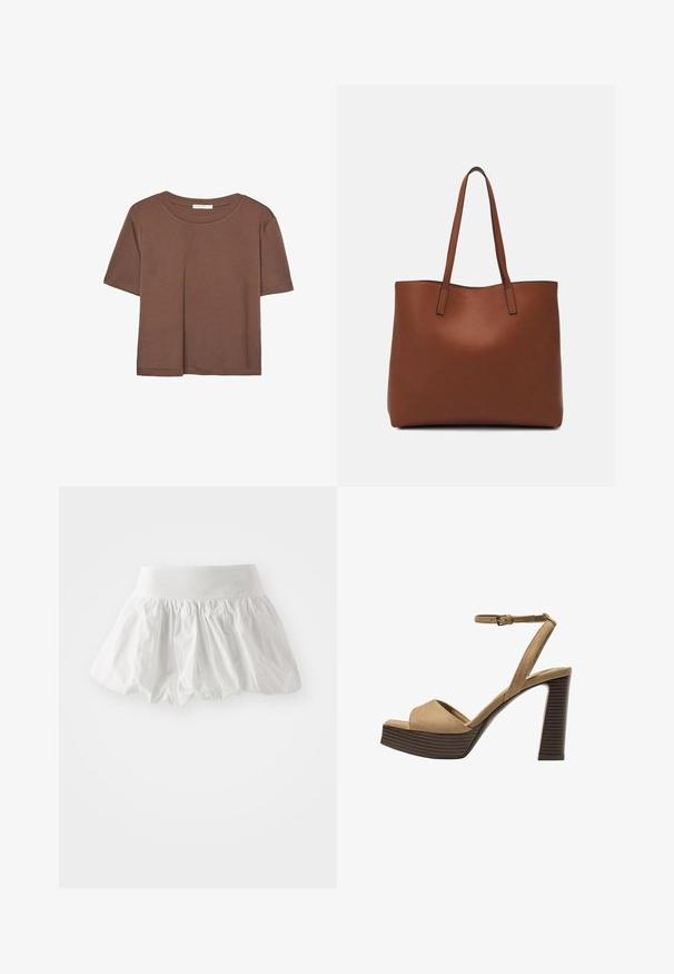 Rjava kratka majica s kratkimi rokavi iz mehkega materiala, s krožnim izrezom in ohlapnim krojem. Brez vidnih vzorcev ali dodatkov.; Bela mini krila iz lahkega materiala. Ima nabran in razpihan dizajn ter širok pas. Gladka tekstura, brez vidnih vzorcev.; Bež semiš sandali na visoki peti z širokim sprednjim trakom in trakom okoli gležnja, opremljeni z debelim lesenim blokom peto z teksturirano površino.; Rjava usnjena torba z gladko teksturo, odprto zasnovo zgoraj in dvema naramnima trakovoma. Opremljena je z minimalnim šivanjem in brez vidnih kovinskih delov.