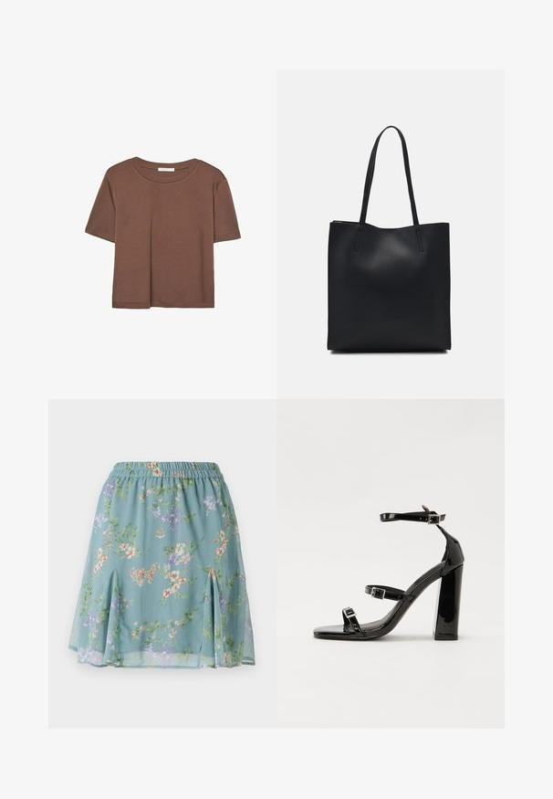 Brun kortärmad t-shirt i mjukt tyg, med rund halsringning och avslappnad passform. Inga synliga mönster eller detaljer.; Lätt, flödande ljusblå kjol med ett blommönster i nyanser av lila, orange och grönt; elastisk midja; sidaperforeringar vid fållen.; Svarta lackerade klacksandaler med fyrkantig tå, ankelremmar och silverfärgade spännen. Har en kraftig blockklack för stabilitet.; Svart lädertoffelväska med slät textur, rektangulär form och två långa handtag. Ingen synlig hårdvara eller dekorationer.