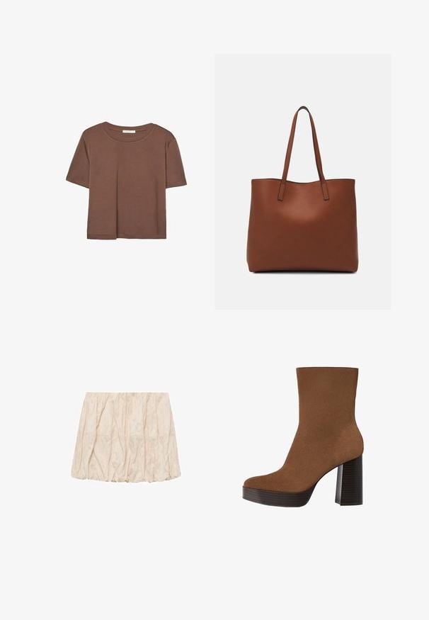 Hnedé tričko s krátkym rukávom vyrobené z jemného materiálu, s okrúhlym výstrihom a voľným strihom. Žiadne viditeľné vzory ani akcenty.; Svetlo béžová sukňa so zberaným strihom a elastickým pásom, vyrobená z mäkkej, textúrovanej látky a s voľným, nadýchaným siluetom. Bez viditeľných vzorov alebo akcentov.; Hnedé z semišu členkové topánky s okrúhlou špičkou, robustným čiernym pruhovaným podpätkom a hladkým povrchom. Vyhotovenie je prispôsobené bez viditeľných kovových prvkov.; Hnedá kožená taška na rameno s hladkou textúrou, otvoreným vrchom a dvoma ramenými popruhmi. Má minimálne šitia a žiadne viditeľné kovania.