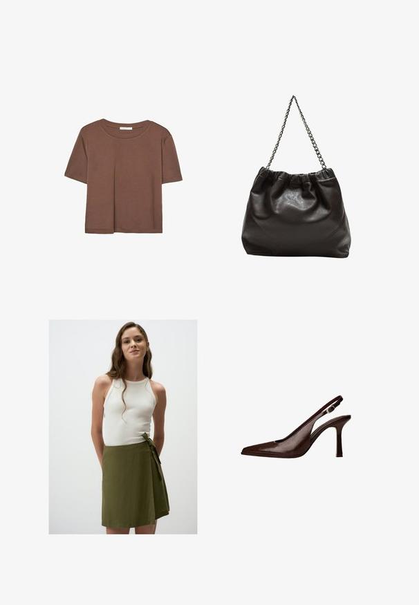 Korte mouwen T-shirt in bruin, gemaakt van een zachte stof, met een ronde halslijn en een relaxte pasvorm. Geen zichtbare patronen of accenten.; Witte geribde tanktop gecombineerd met een olijfgroene wikkelrok tot de knie met een strik in de taille. Soepele, lichte stof.; Bruine lederen slingbackpomp met een spitse neus en een dunne hak. Voorzien van een kleine accentgesp op de band en een glossy afwerking.; Bruine leren tas met een geplooide bovenkant en een kettinghengsel. Glad textuur met een glanzende afwerking en subtiele naaddetails aan de zijkanten.