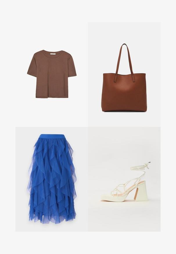 Brązowa koszulka z krótkim rękawem, wykonana z miękkiego materiału, z okrągłym dekoltem i luźnym krojem. Brak widocznych wzorów lub akcentów.; Niebieska, warstwowa spódnica z tiulu o falistym wzorze, z szerokim paskiem w talii i miękką, przezroczystą fakturą. Falbany nadają jej obfity wygląd.; Biała sandał na wysokim obcasie z masywnym słupkiem, z paskowym wzorem i wiązaniem przy kostce. Gładka faktura z platformą z przodu dla dodatkowej wysokości.; Brązowa skórzana torba tote o gładkiej fakturze, z otwartym wierzchem i dwoma ramiączkami. Charakteryzuje się minimalnym przeszyciem i brakiem widocznych elementów metalowych.