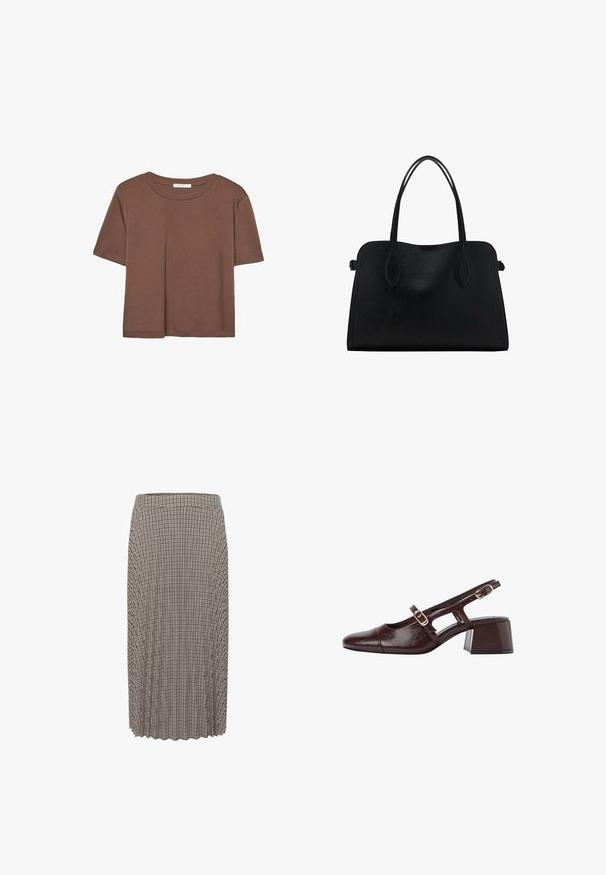 Hnedé tričko s krátkym rukávom vyrobené z jemného materiálu, s okrúhlym výstrihom a voľným strihom. Žiadne viditeľné vzory ani akcenty.; Pletená midi sukňa v čierno-bielej kárované vzore. Obsahuje pás a textúrovanú látku s priamym strihom.; Hnedé kožené sandále na podpätku so štvrtkovým špičkou, vyrezávanými bokmi a blokovým podpätkom. Obsahujú pracku na pásiku okolo členka.; Čierna kožená kabelka s dvojitými popruhmi na rameno, obdĺžnikový tvar a minimalistický dizajn na bielom pozadí.