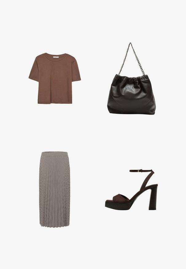 T-shirt marron à manches courtes en tissu doux, avec un col rond et une coupe décontractée. Aucun motif ni accent visible.; Jupe midi plissée avec un motif vichy noir et blanc. Dotée d'une taille et d'un tissu texturé avec une coupe droite.; Sandale à talons hauts en suede marron avec un bout ouvert, une bride de cheville réglable et une semelle de plateforme rayée.; Sac en cuir marron avec un haut froncé et une bandoulière en chaîne. Texture lisse avec une finition brillante et des coutures subtiles sur les côtés.