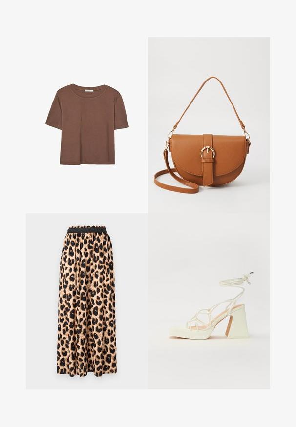 Brun kortærmet t-shirt lavet af blødt stof, med rund halsudskæring og afslappet pasform. Ingen synlige mønstre eller detaljer.; Maxi-nederdel med leopardmønster og sort elastisk talje, der har et glat, flydende stof og en flagrende silhuet.; Hvide højhælede sandaler med en kraftig hæl, der har et stropdesign og ankelbinding. Glat tekstur med en platform foran for ekstra højde.; Brun læder crossbody taske med en buet form, guldfarvet hardware og en spændeaccent. Har en aftagelig skulderrem.
